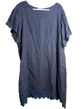 Bellambia Navy Blue 100% Linen Made in Italy Crochet Hem Shift Dress 2X A3